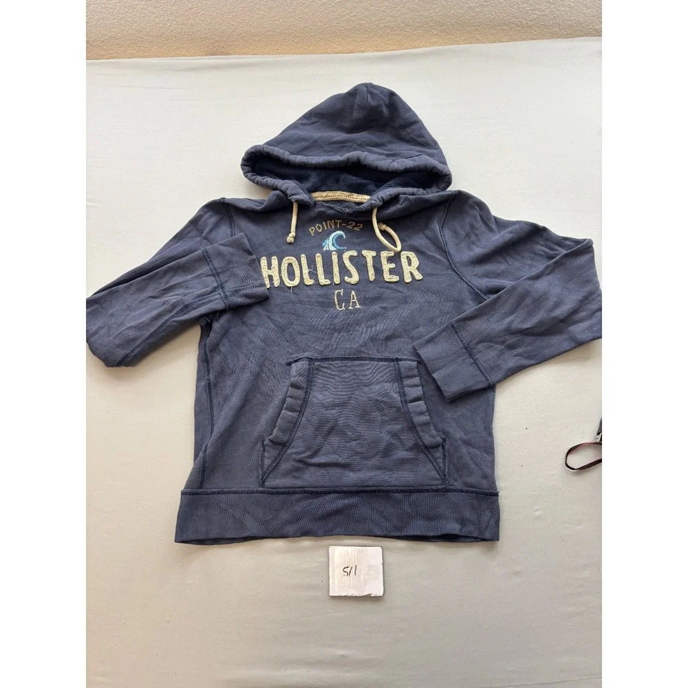 Hollister Mens Large Pullover Hoodie Distressed Blue Logo Sweatshirt CA
